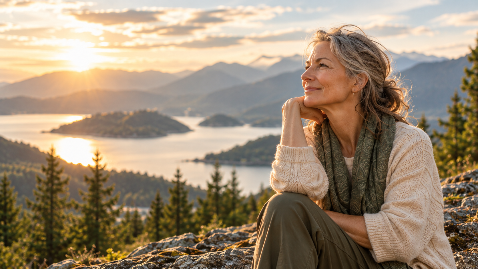Mature woman enjoying a peaceful mountain landscape