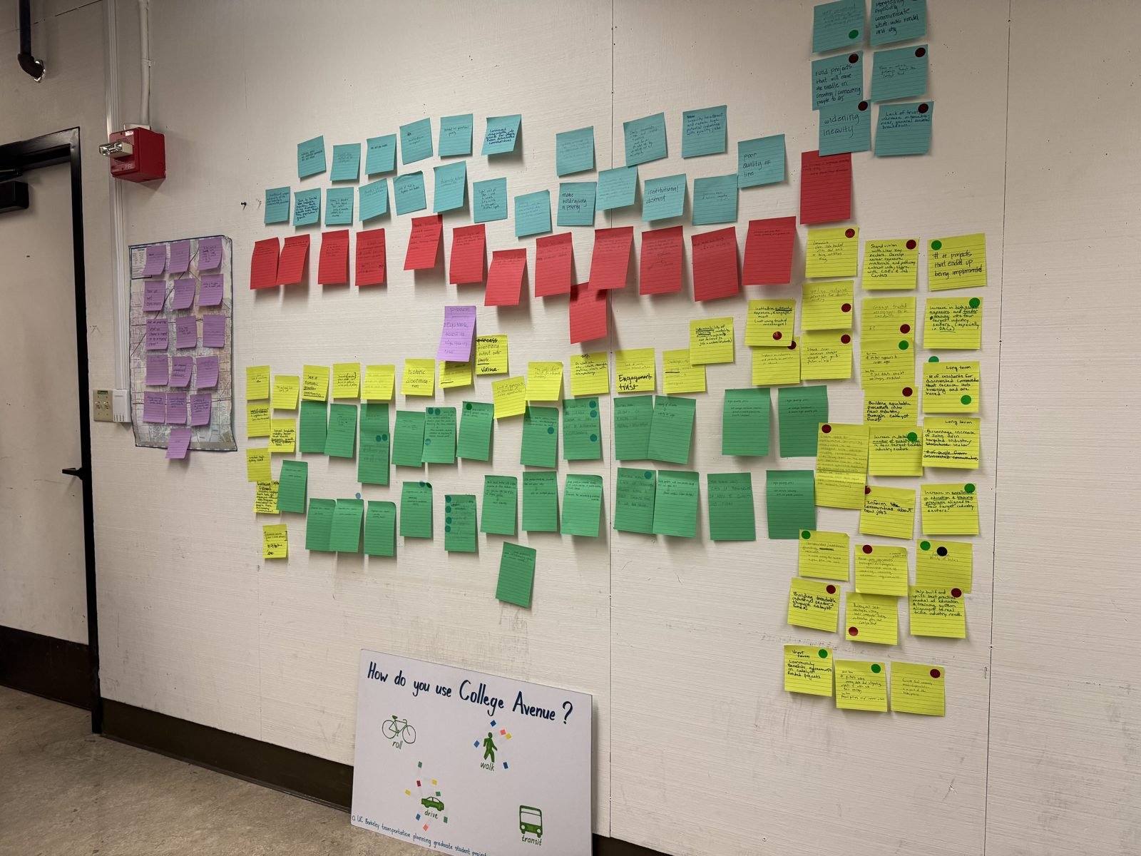 A wall of color-coded sticky notes forming a logic model