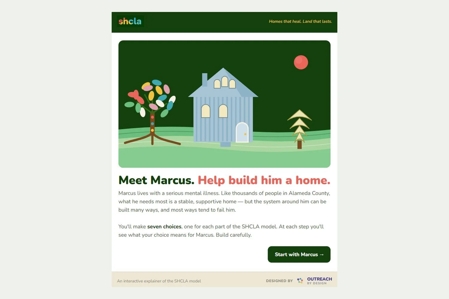 Opening screen of an interactive explainer for the SHCLA model: Meet Marcus. Help build him a home.