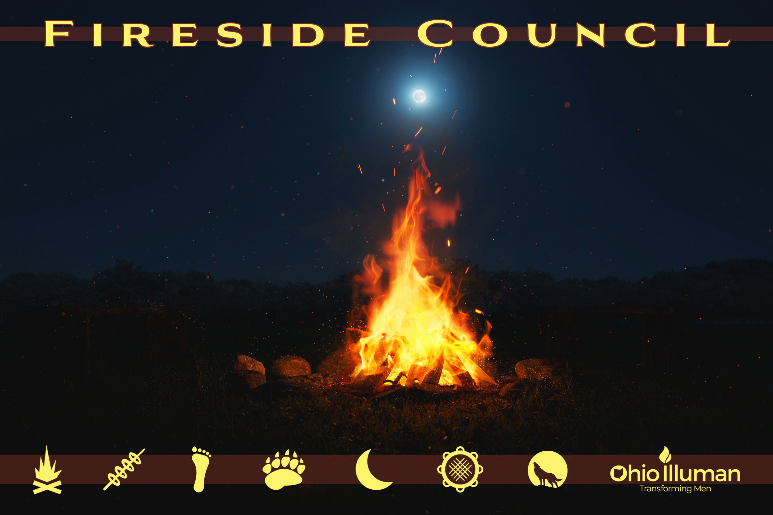 Ohio Illuman Fireside Council — a bonfire blazing under a full moon at night