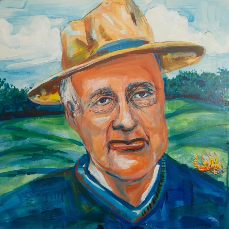 A painted portrait of Wendell Berry in a straw hat and blue jacket, green fields and a blue sky behind him.