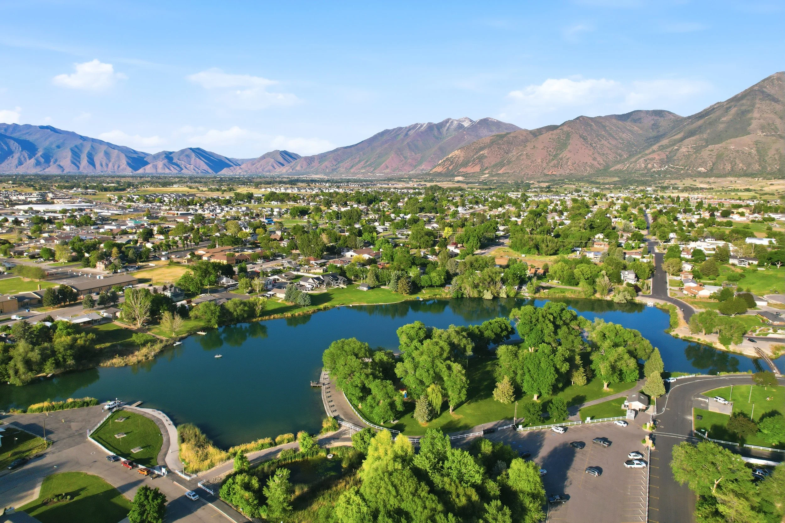 Aerial view of Salem Pond and surrounding neighborhoods in Salem Utah