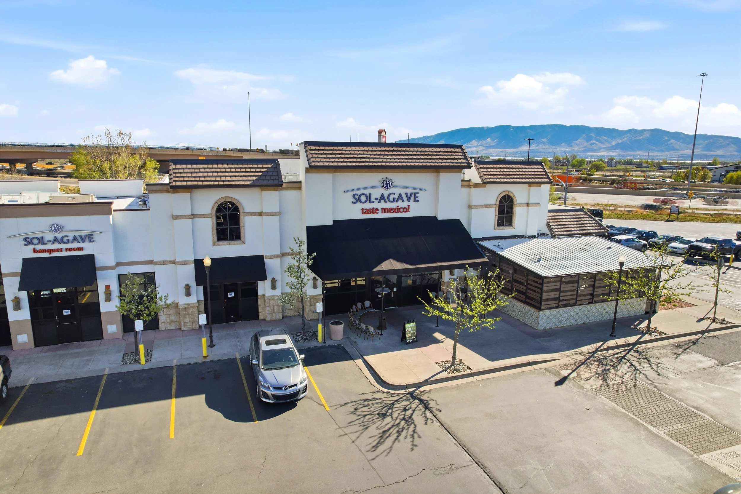 Aerial view of dining, retail, and commercial development in west American Fork Utah