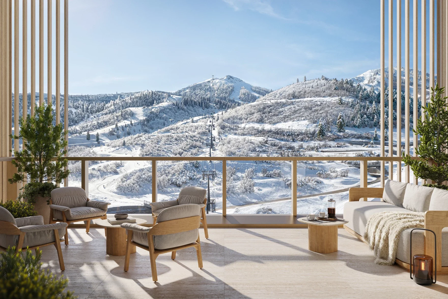 Luxury mountain residence interior with floor to ceiling views of snowy Deer Valley terrain
