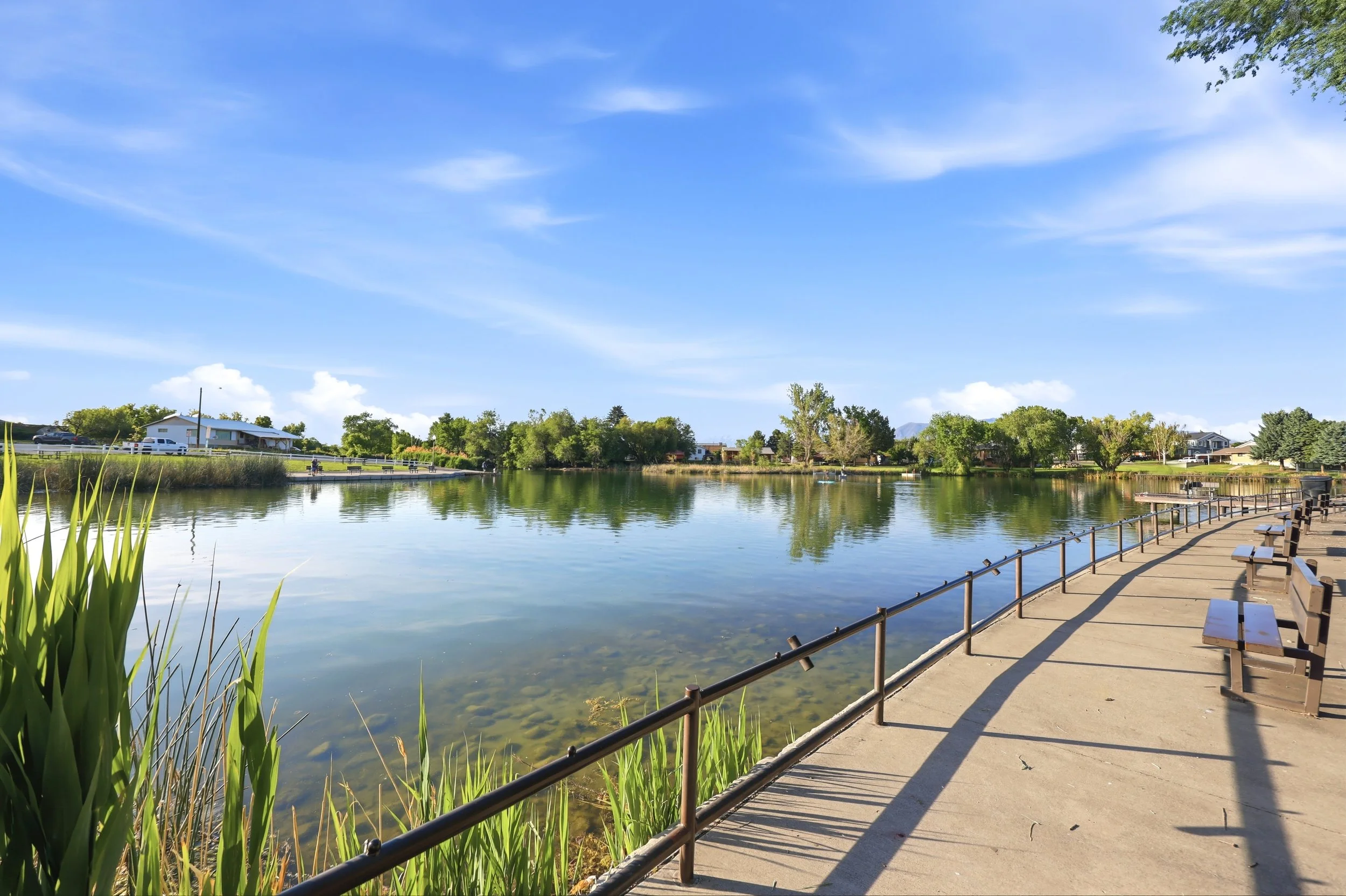 Salem Pond with mature trees and green space in Salem Utah