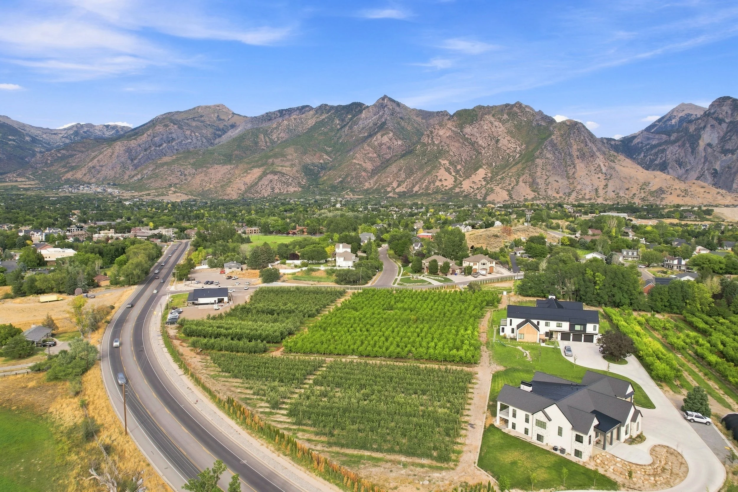 Aerial view of Alpine Utah neighborhoods and orchard rows beneath the Wasatch foothills