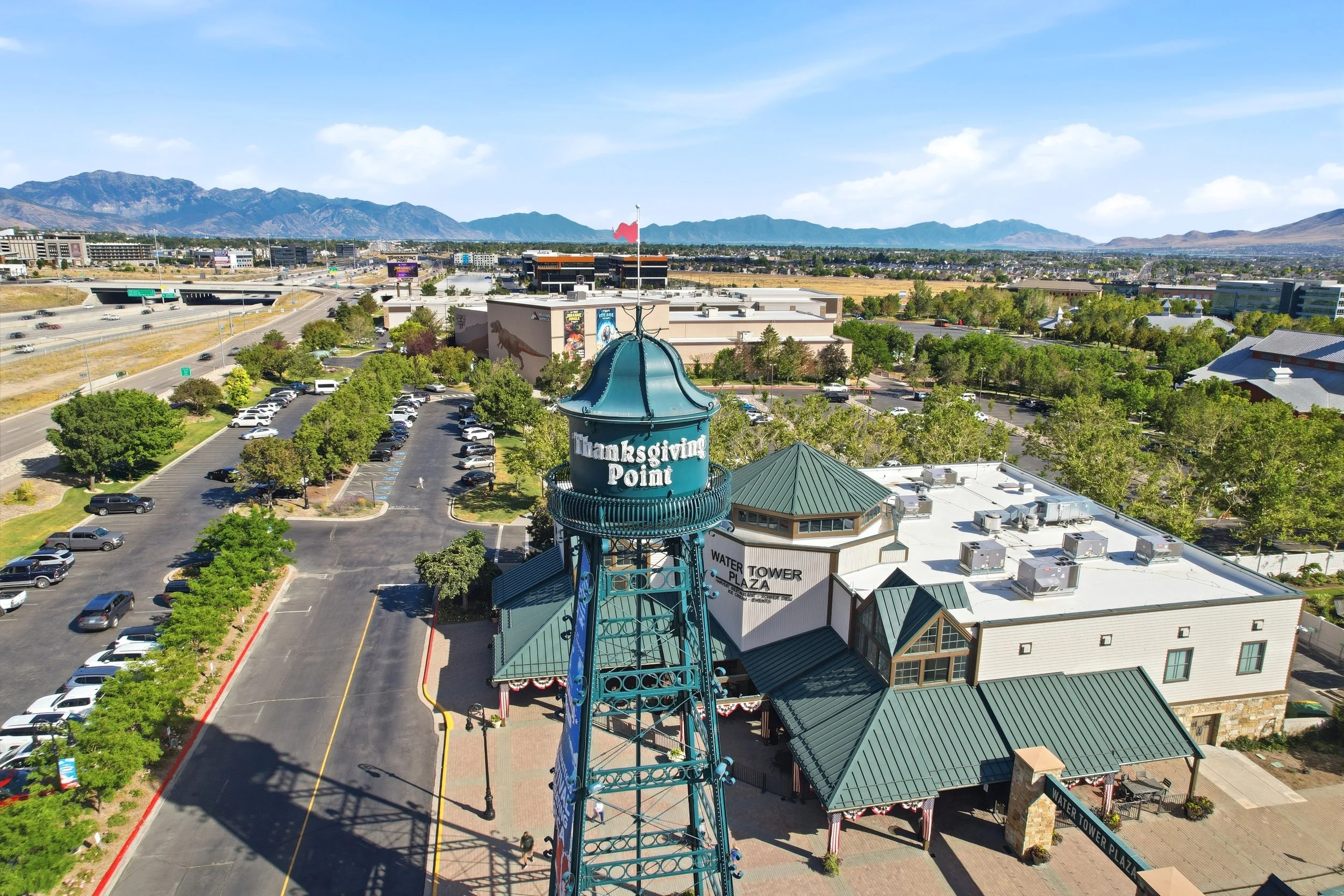 Aerial view of Thanksgiving Point and surrounding development in Lehi, Utah