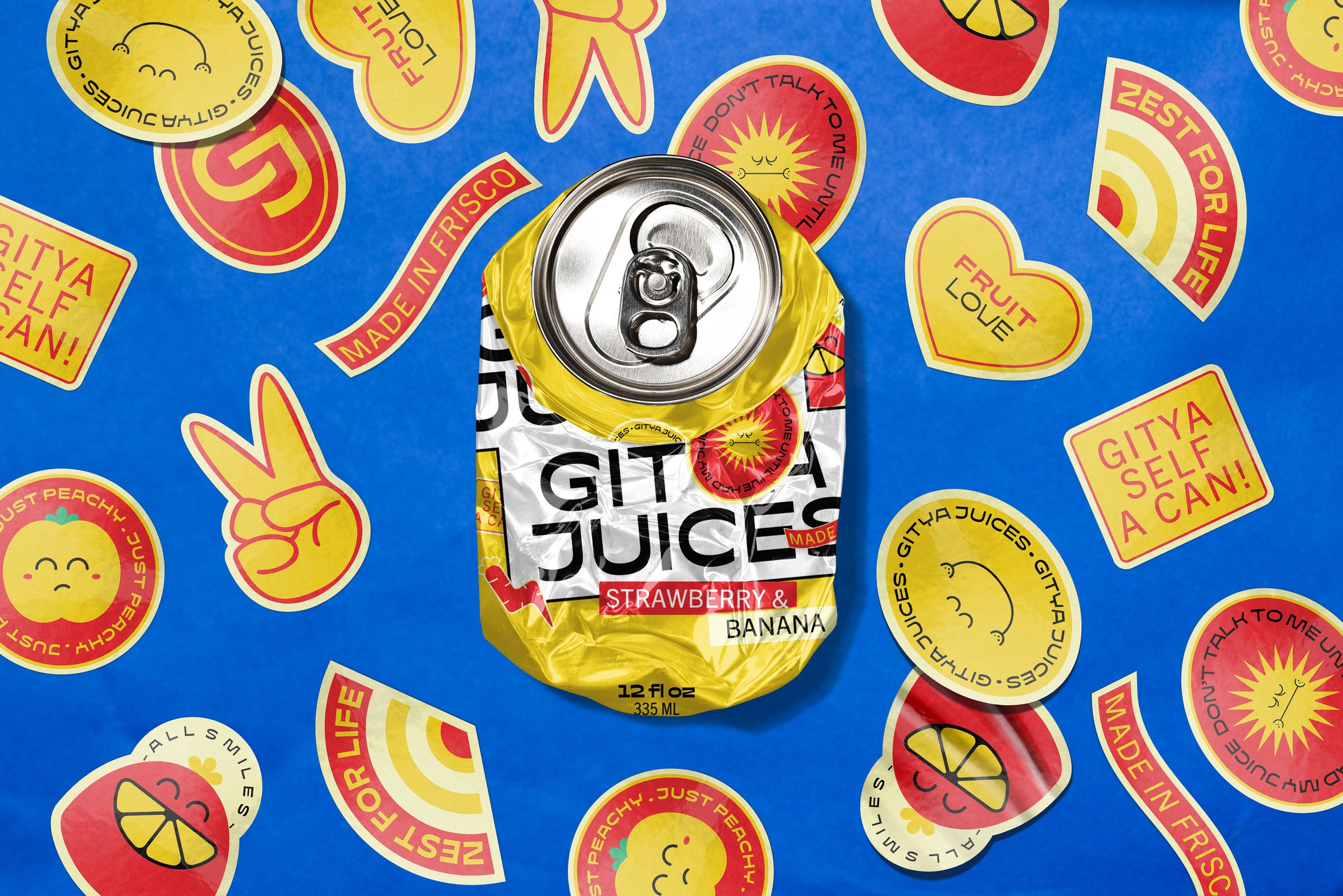 Mockup of a crushed can of Gitya Juices with stickers all around the can
