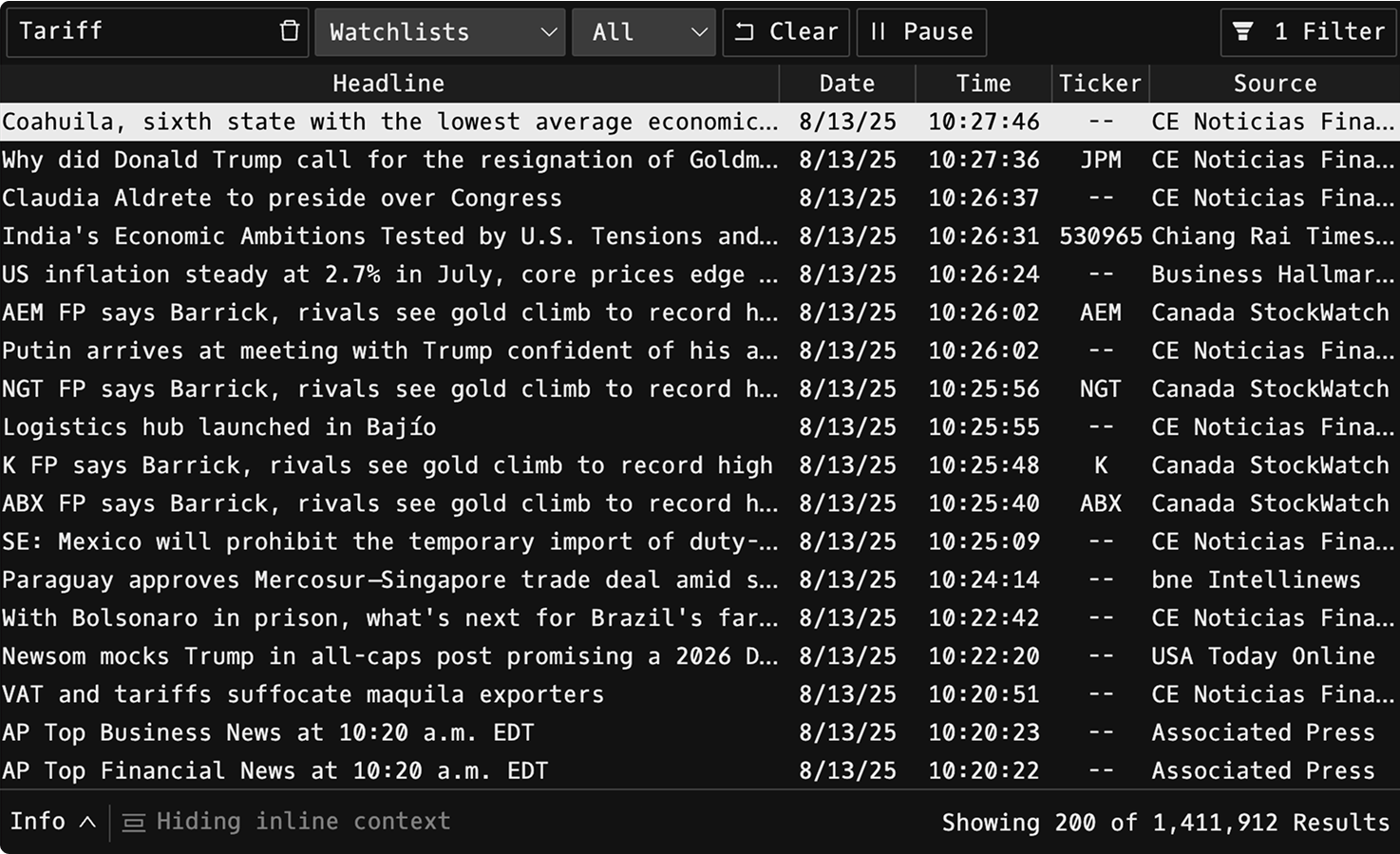 News search capability screenshot