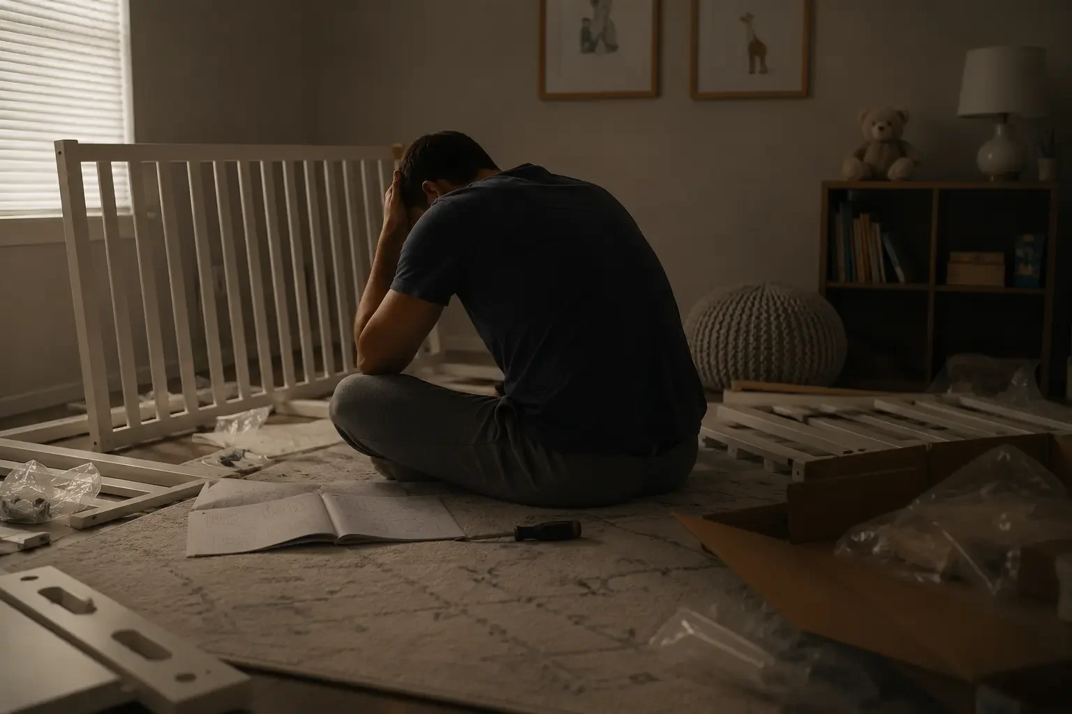 Dad assembling baby crib — preparing before baby arrives