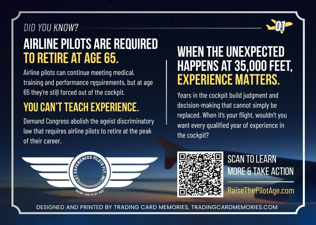 Back of the Let Experienced Pilots Fly trading card, Card 01, explaining the campaign with a QR code