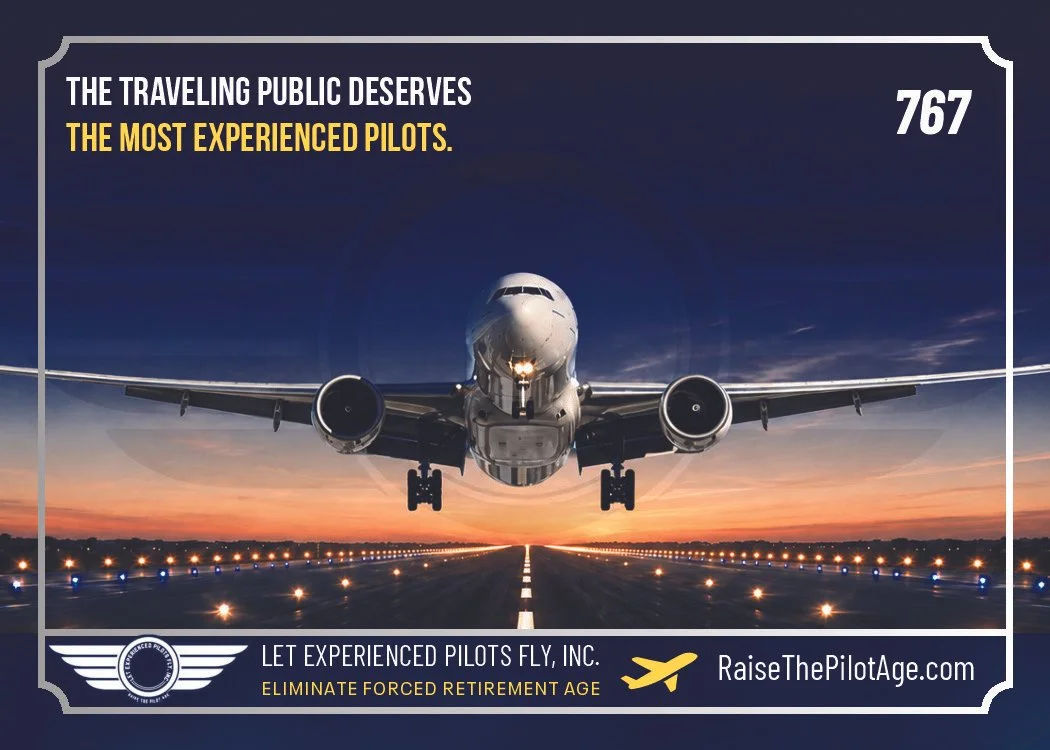 Let Experienced Pilots Fly, Card 01: a Boeing 767 lifting off at dusk