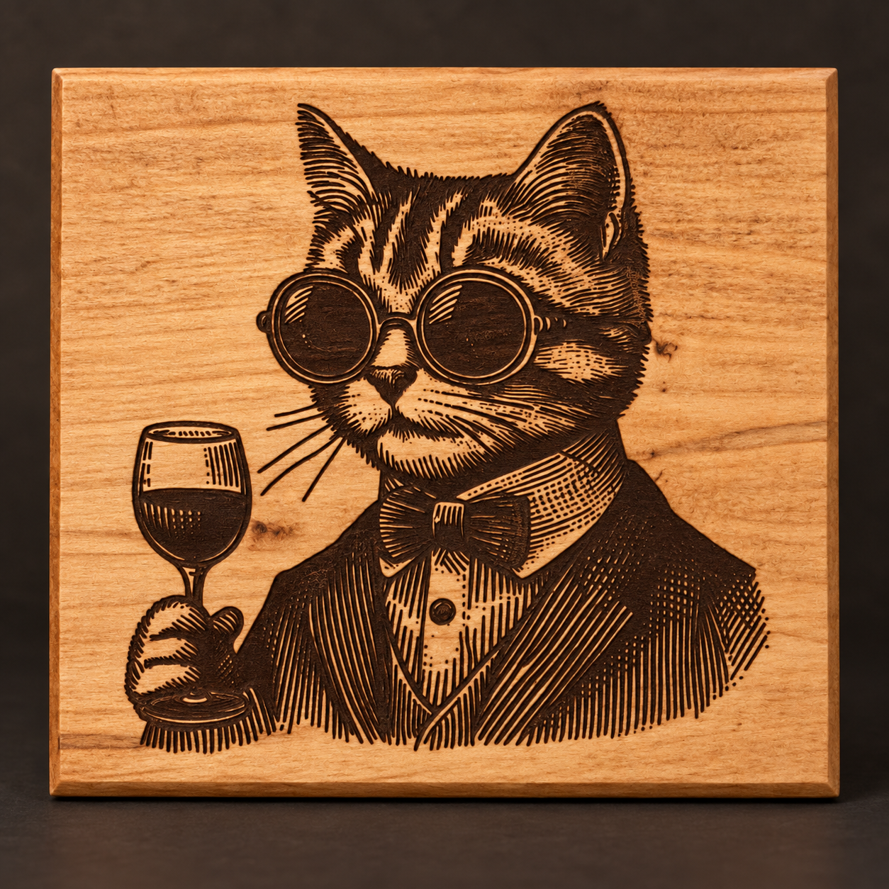 Cat wearing sunglasses and a bow tie, engraved on wood