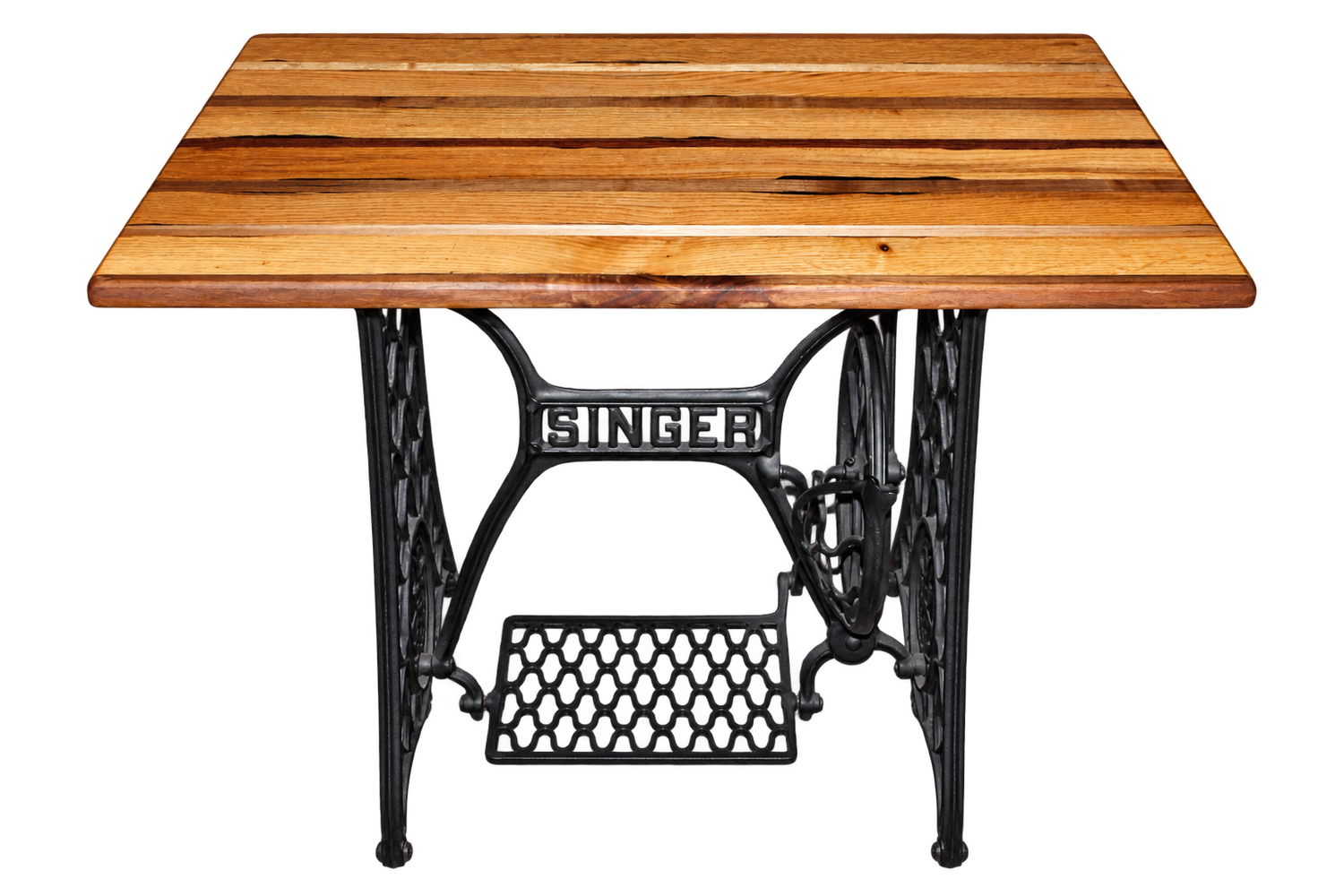 Handcrafted striped wood table on an antique Singer cast iron base by Firstborn Mercantile