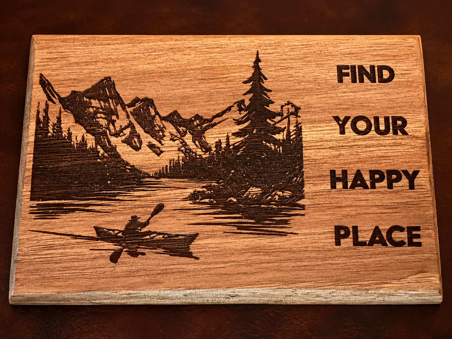 Find Your Happy Place engraved wooden mountain and lake sign by Firstborn Mercantile
