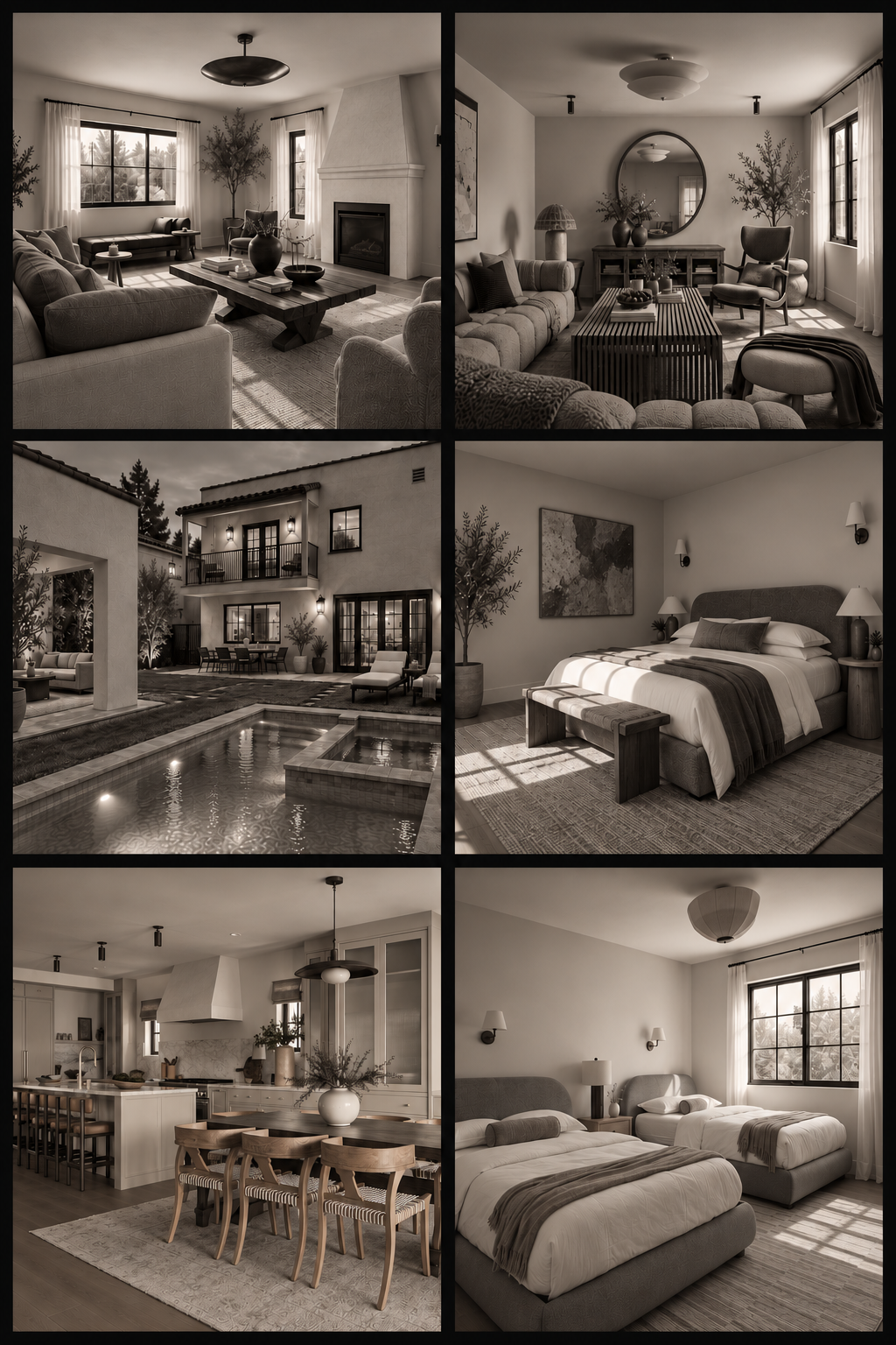 The house: two living rooms, the courtyard and pool at dusk, the main bedroom, the kitchen and dining room, and a twin bedroom