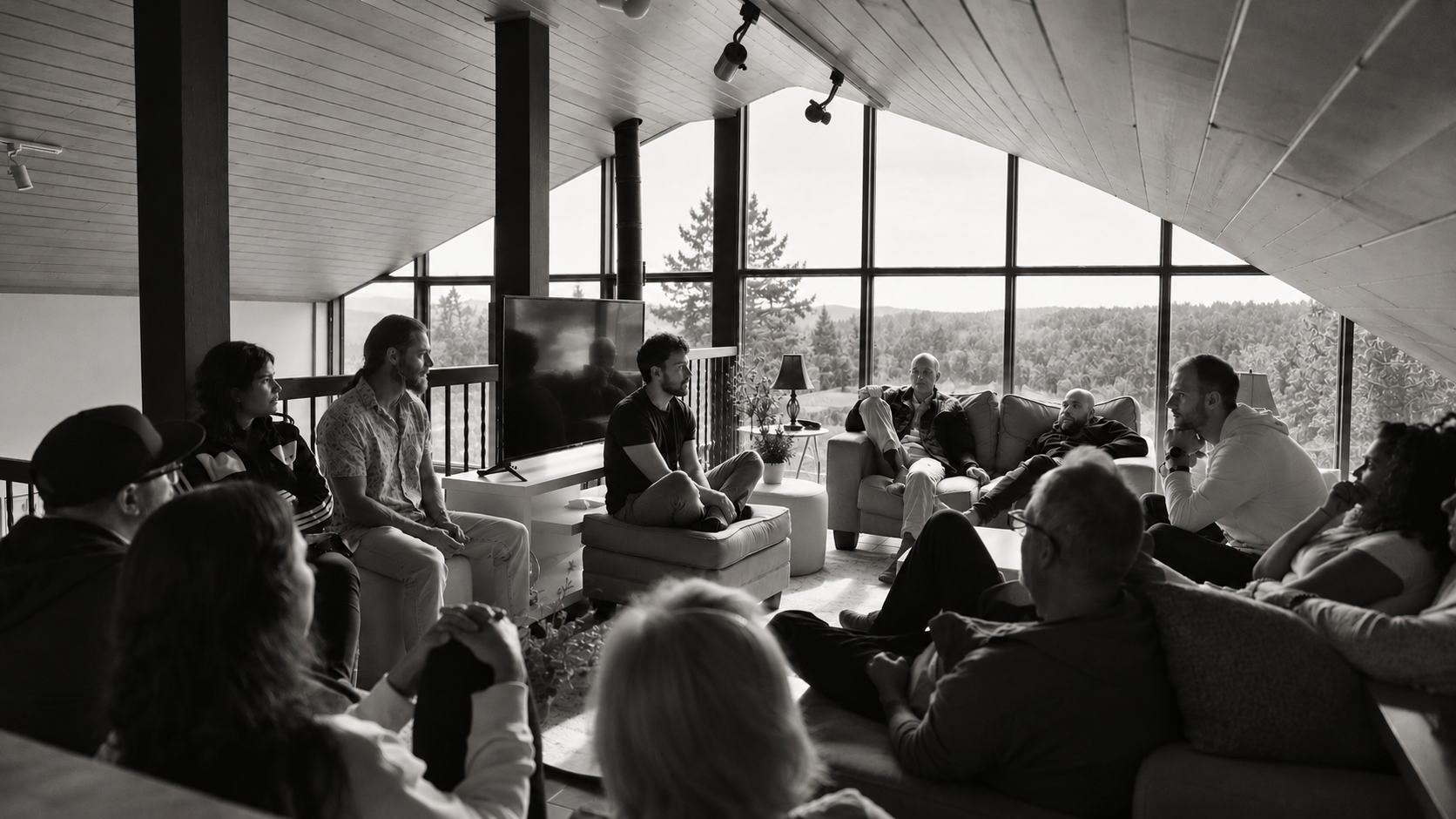 A group sitting in a circle in a sunlit room during a retreat