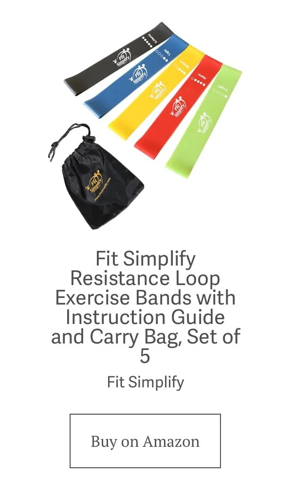 A set of resistance bands in black, blue, yellow, red, and light green with a black bag from Amazon