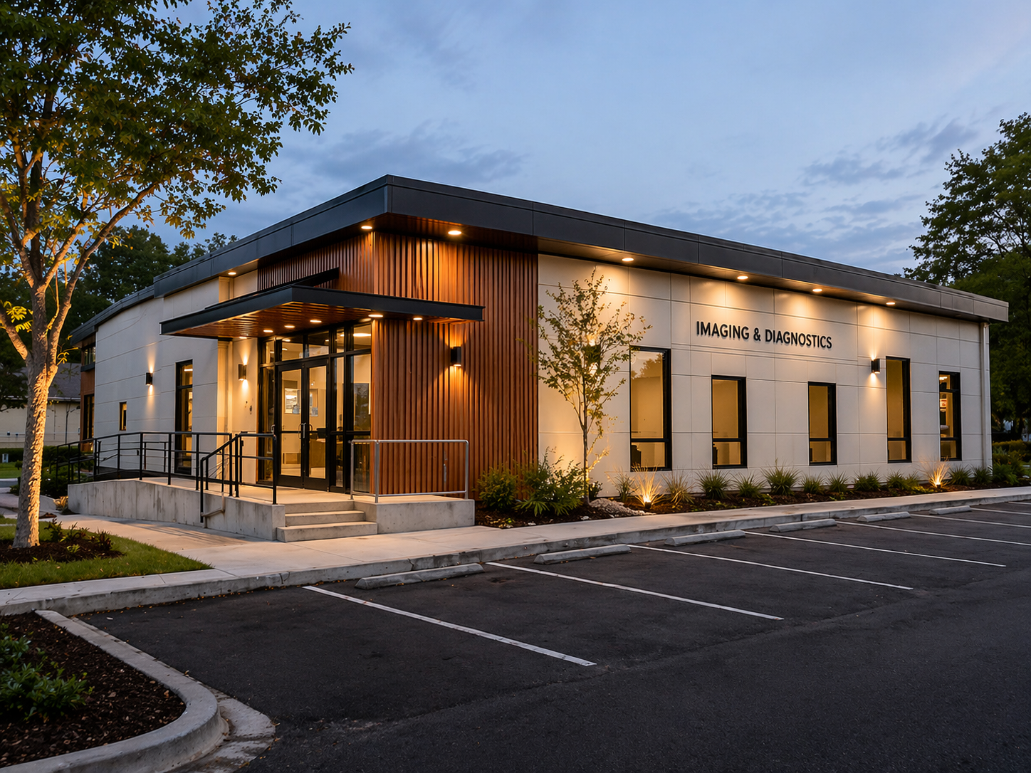 Modern medical building at dusk