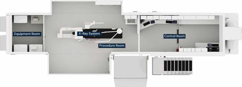Annotated top-view floor plan of mobile cath lab showing control room and procedure suite layout