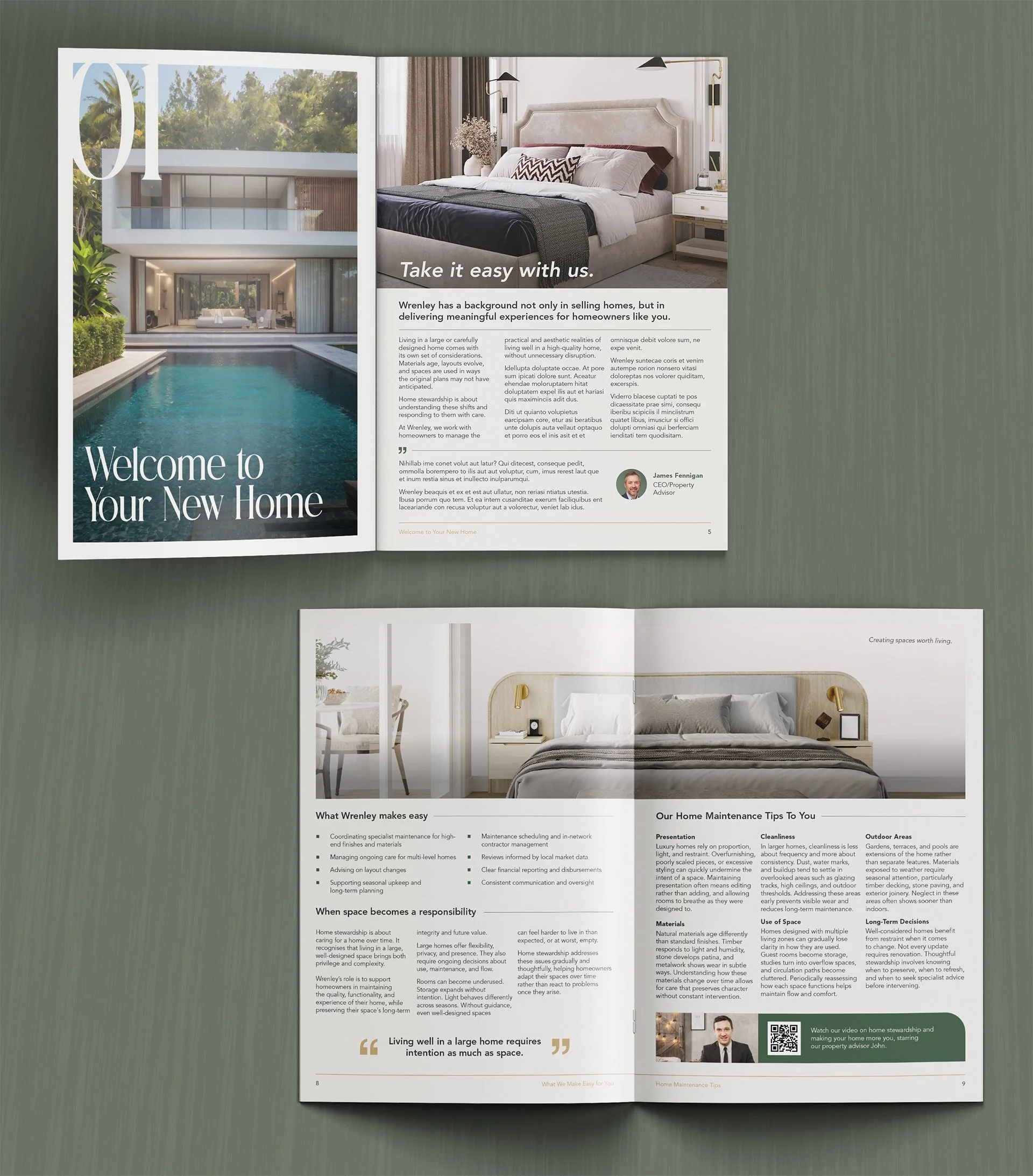 Mockup of two home management magazine spreads for Wrenley