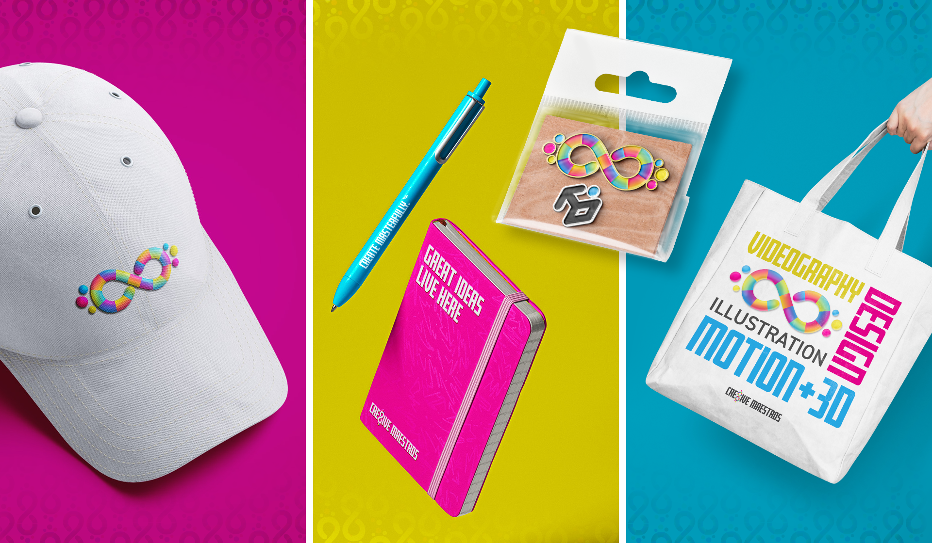 Mockup of merch examples--from left to right, a brimmed cap, a notebook and pen, and a tote bag--for the concept creative conference