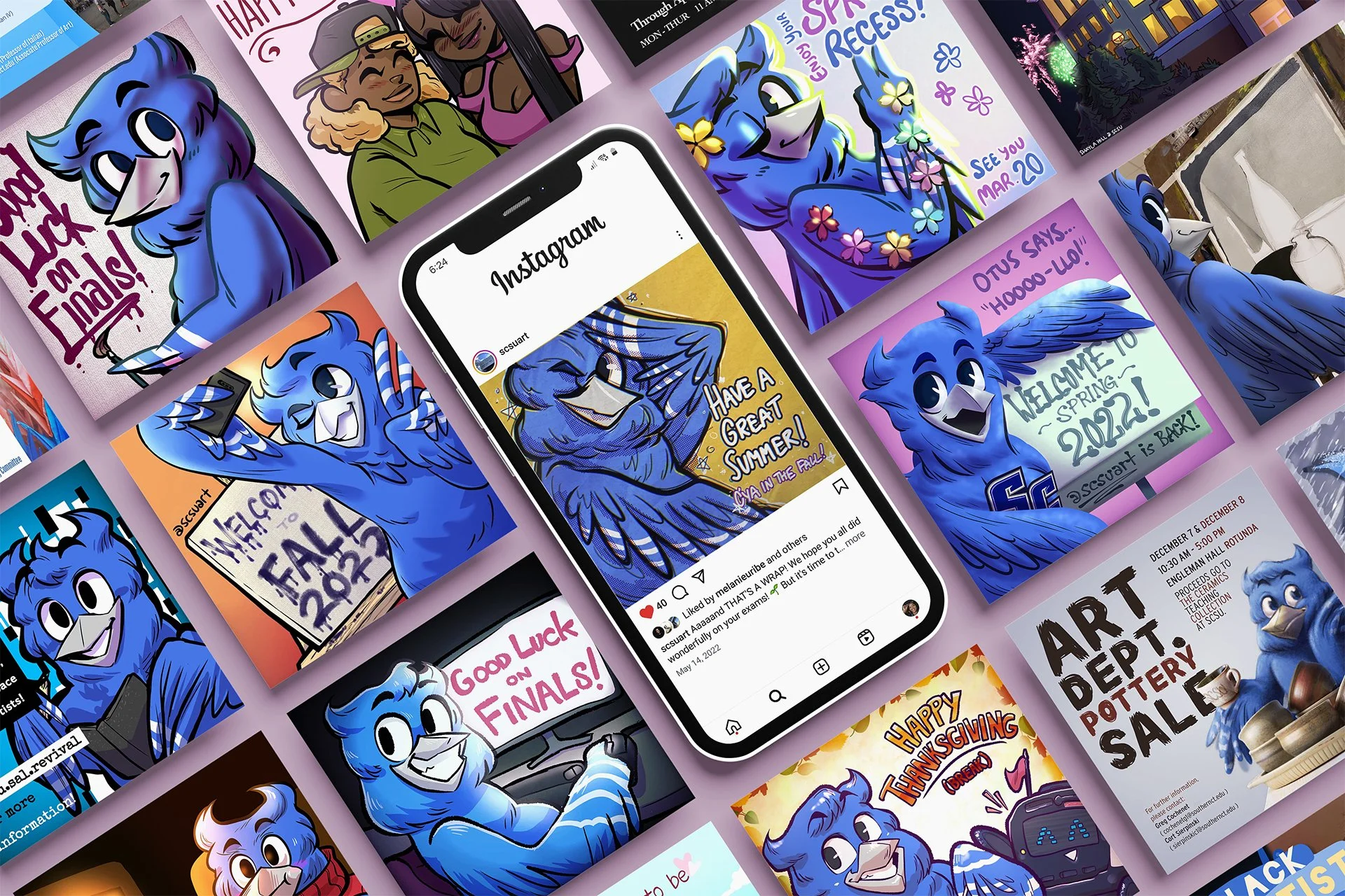 Mockup of illustrations of a university's mascot in Instagram posts