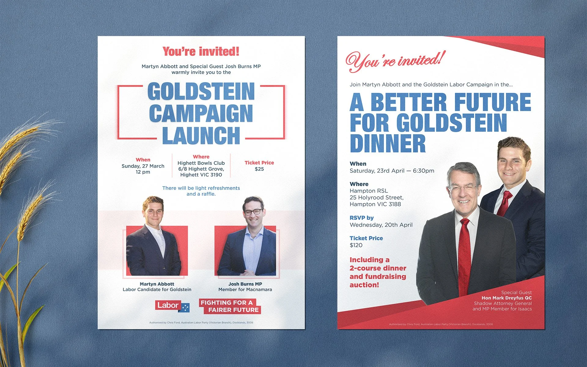 Mockup of A4 flyers advertising a local candidate's campaign launch and fundraising dinner