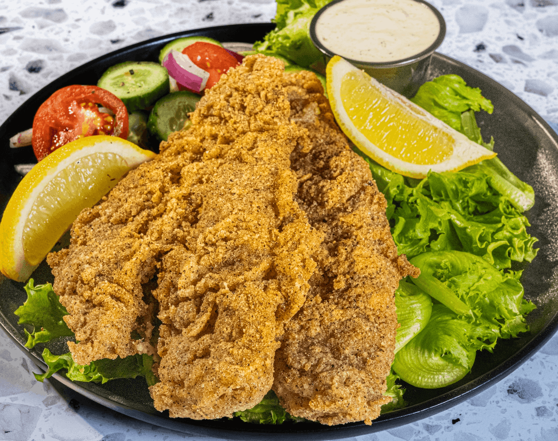 Crispy lemon pepper seafood prepared with Merman's Revenge Fish Fry