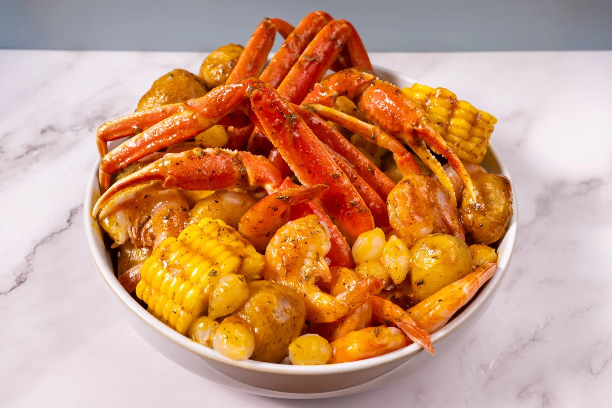 Seafood boil prepared with Merman's Revenge Seafood Boil Seasoning Mix