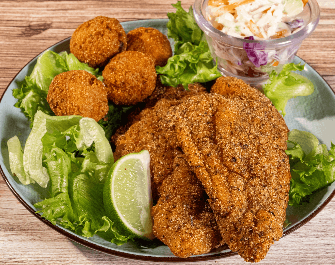 Southern fried seafood prepared with Merman's Revenge Original Southern Fish Fry