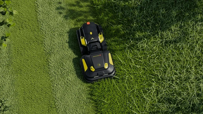 Overhead view of Yarbo Lawn Mower Pro at the edge of a freshly mown strip