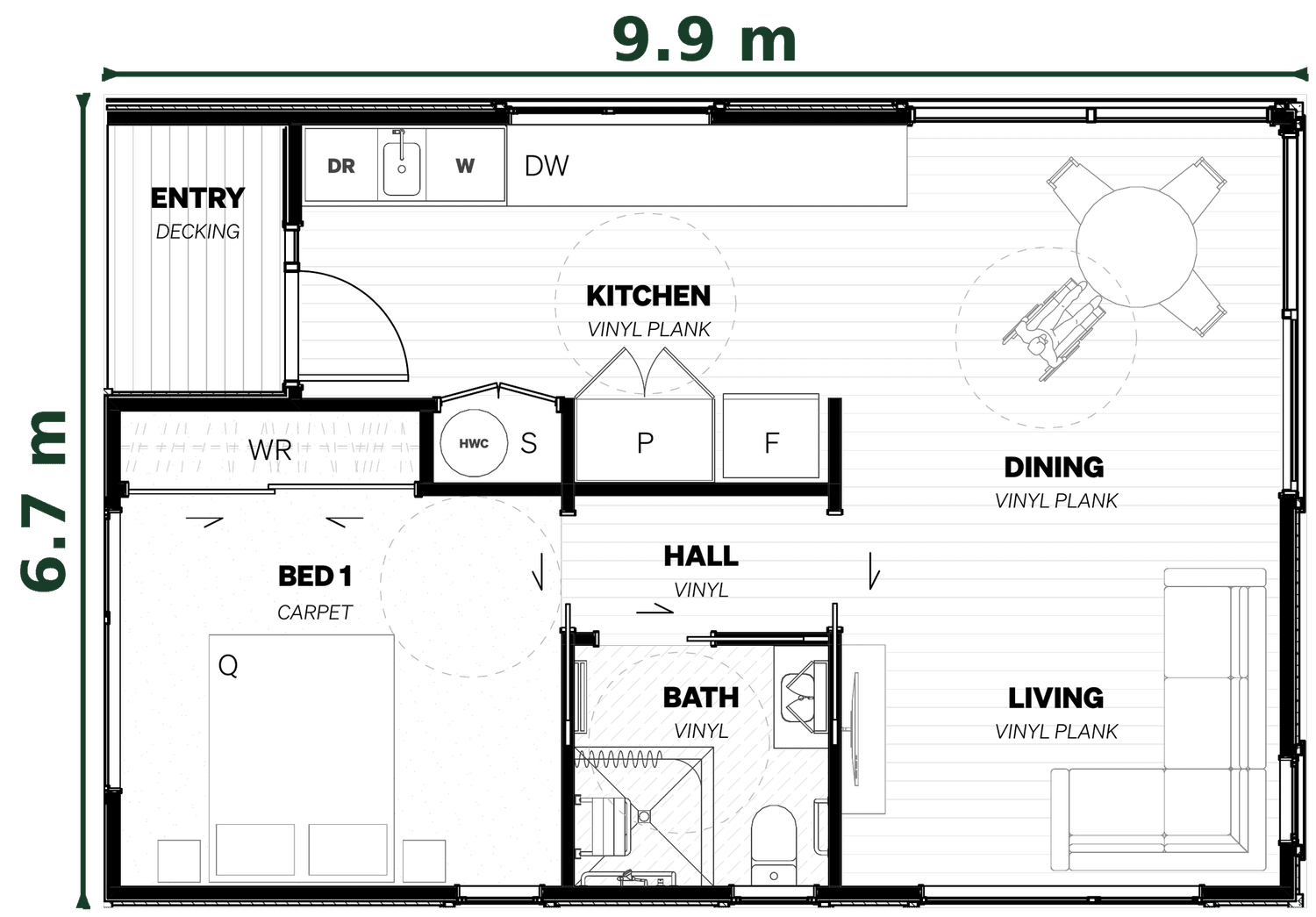 One-bedroom home floor plan, 9.9m wide by 6.7m deep
