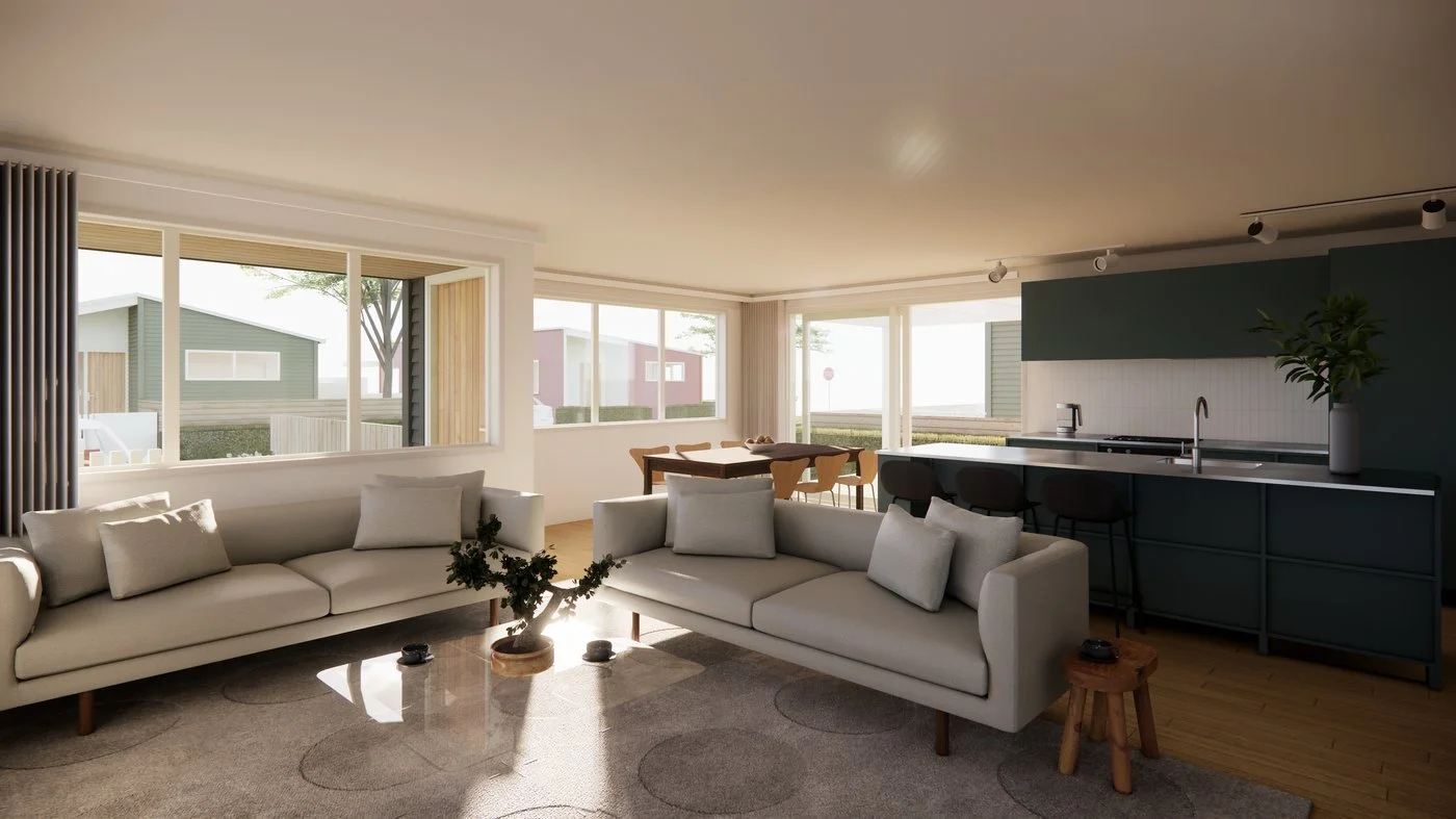 Four-bedroom home living and kitchen interior render