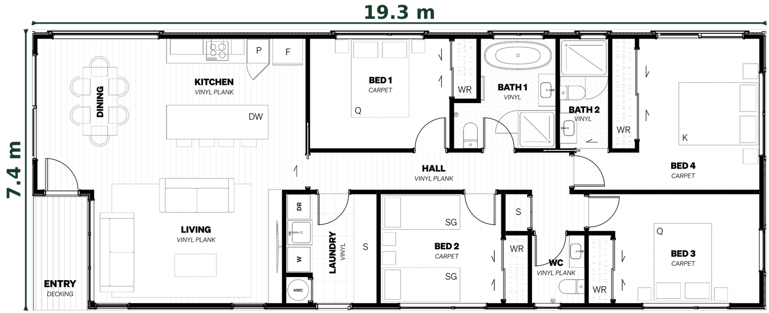 Four-bedroom home floor plan, 19.3m wide by 7.4m deep
