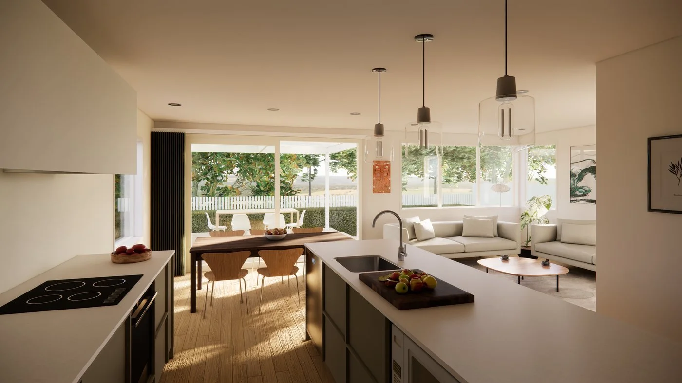 Three-bedroom home kitchen to living interior render