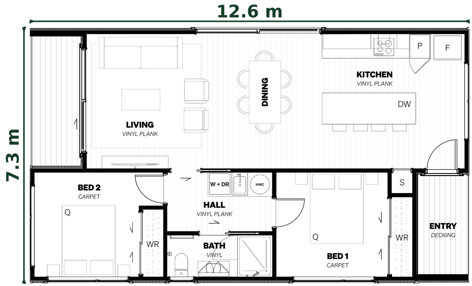 Two-bedroom home floor plan, 12.6m wide by 7.3m deep