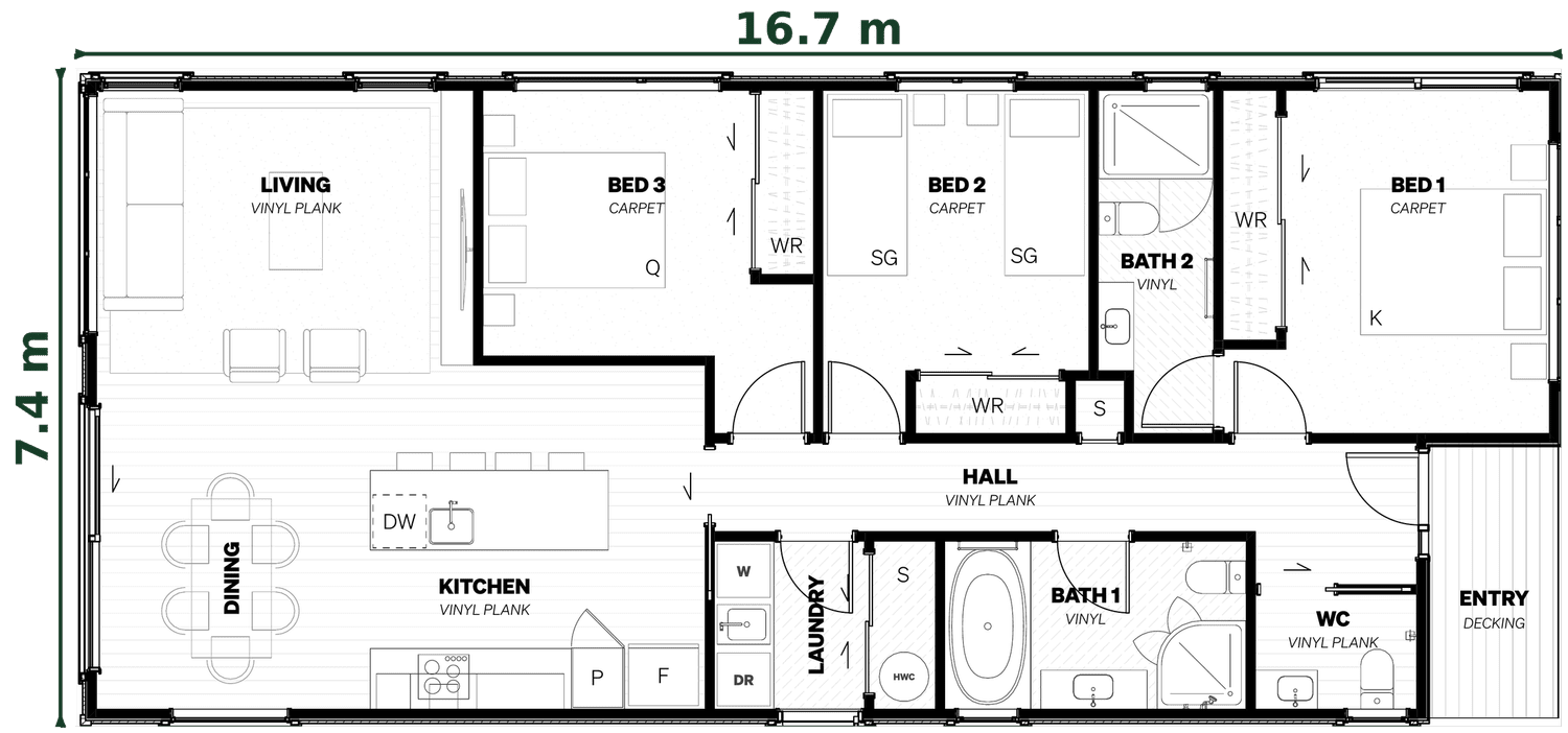 Three-bedroom home floor plan, 16.7m wide by 7.4m deep