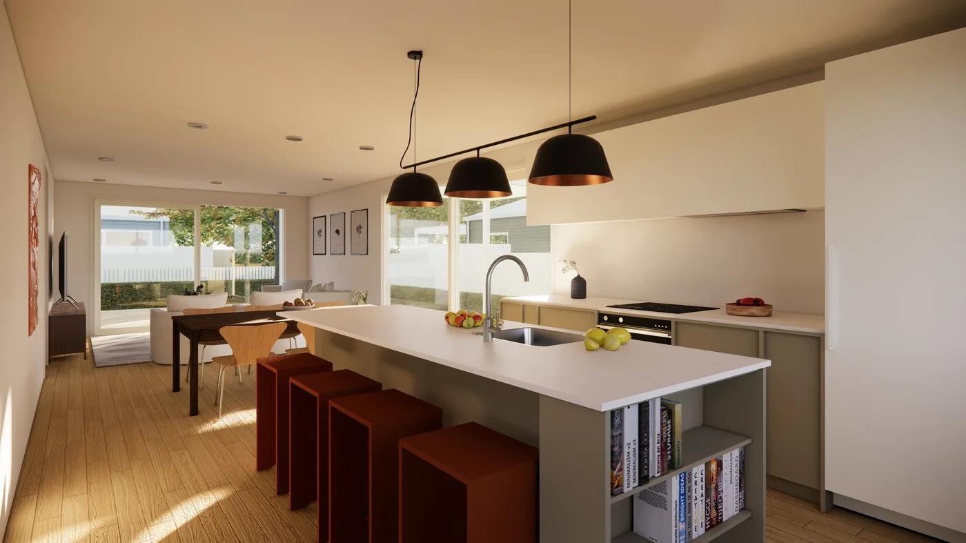 Two-bedroom home kitchen and dining interior render