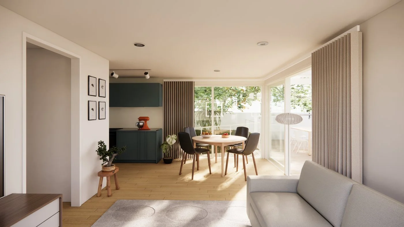 One-bedroom home living and dining interior render