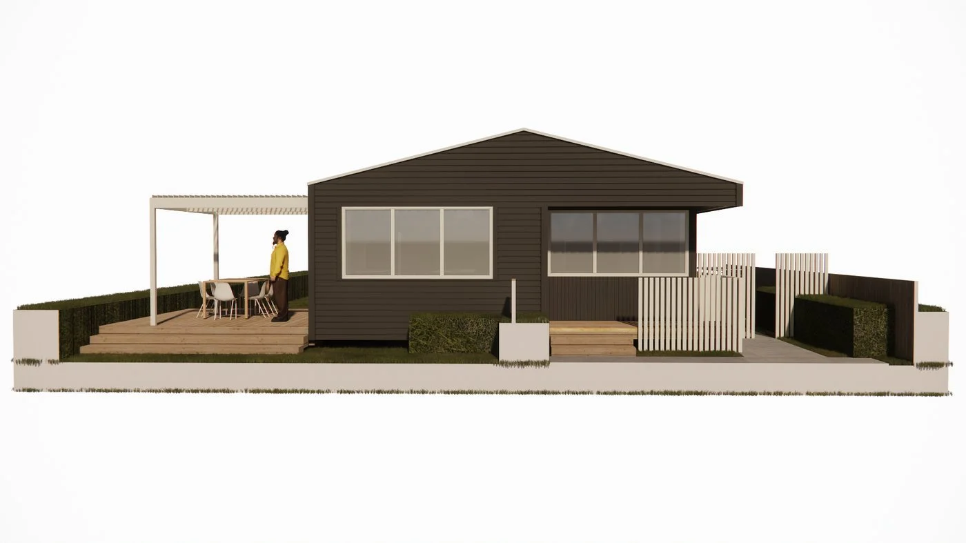 Three-bedroom transportable home exterior render