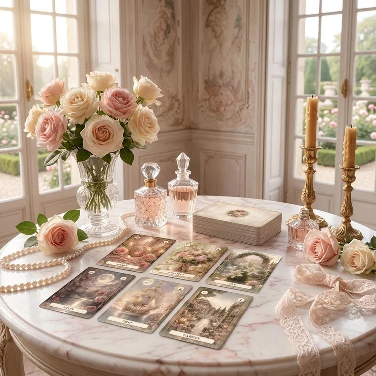 Six Rose & Key Lenormand cards arranged on a marble table beside a stacked deck, pink roses and candles.