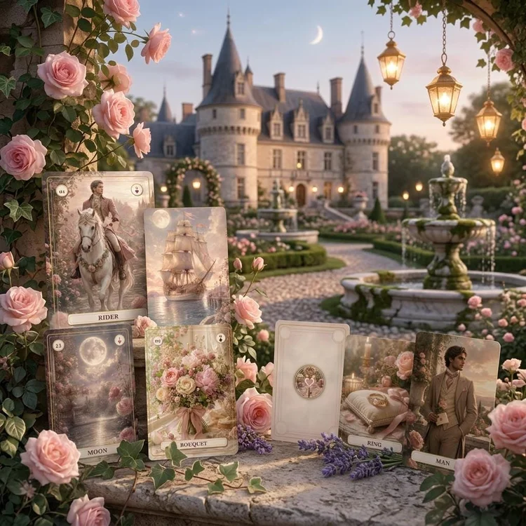 Rose & Key Lenormand cards arranged among pink roses before a château garden and fountain.