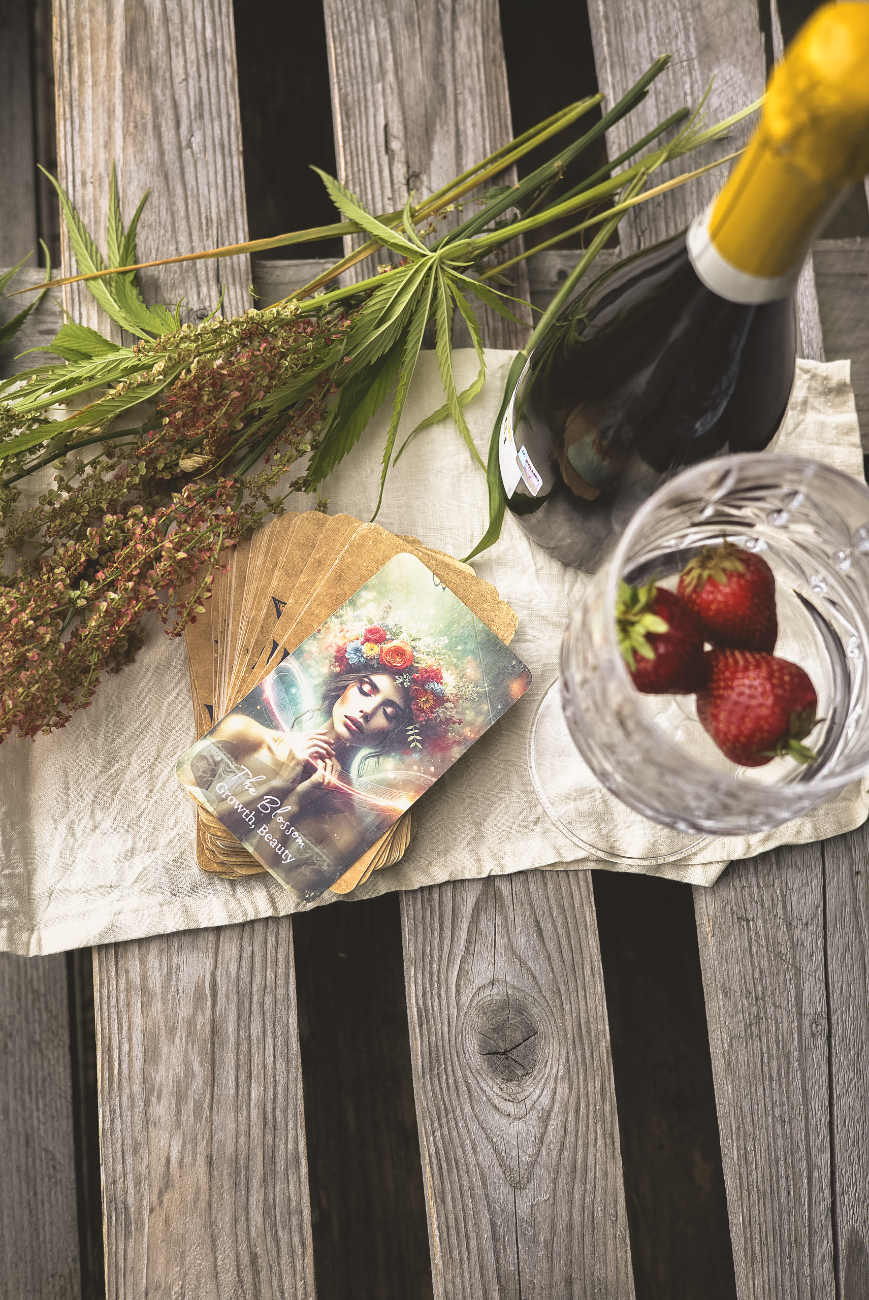 The Blossom oracle card beside sparkling wine and strawberries