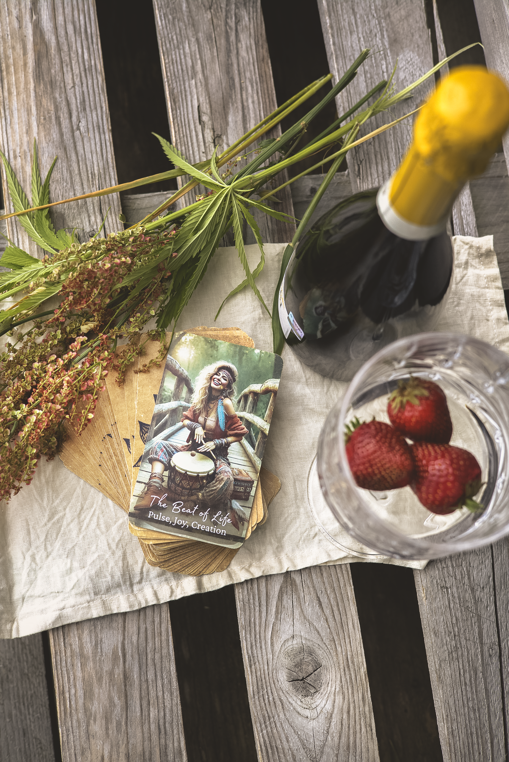 The Beat of Life oracle card beside sparkling wine and strawberries