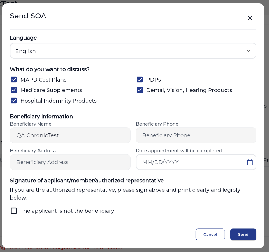 SOA form showing SMS selected as delivery method
