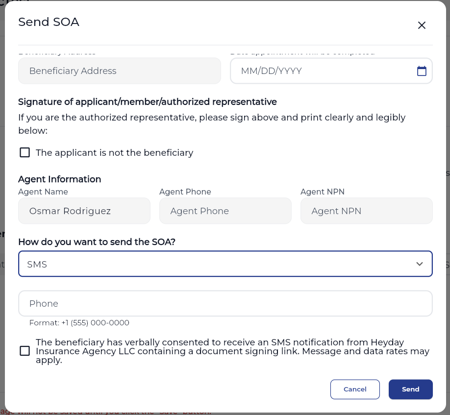 SOA form showing consent checkbox checked before sending