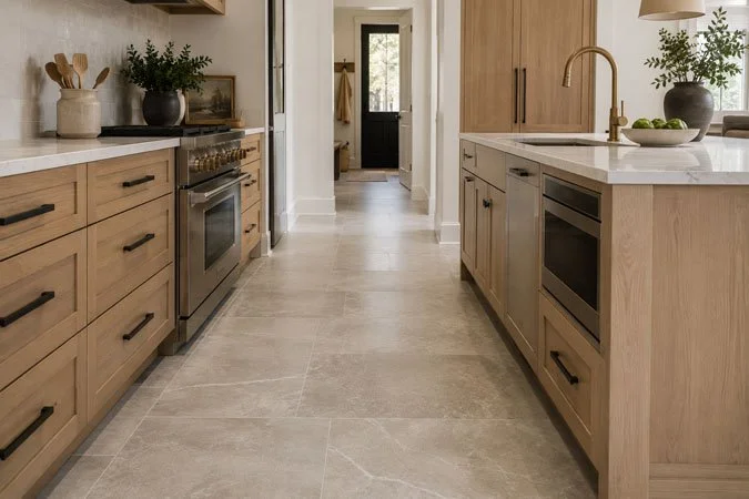 Kitchen flooring continuing into adjoining living spaces in an Auburn home remodel