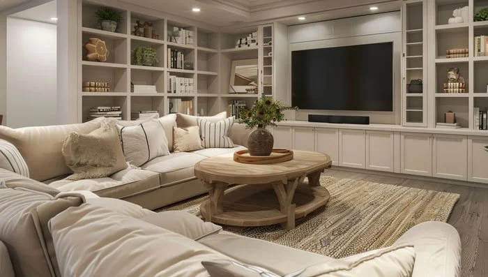 Cozy basement family room with sectional sofa and media wall for a Bellevue WA basement renovation