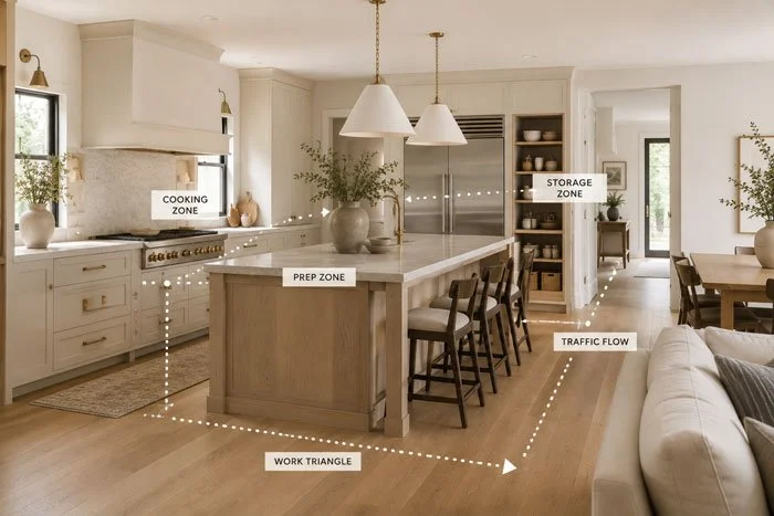 Open kitchen layout with improved circulation and connection to adjoining living spaces in an Auburn remodel